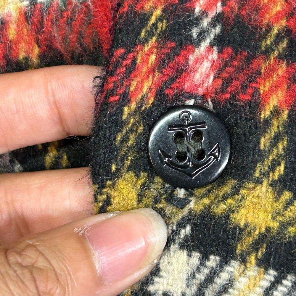 Vintage Men's Shirt Jacket Red Black Plaid Fleece Lined Anchor Button Outdoor - Picture 10 of 11